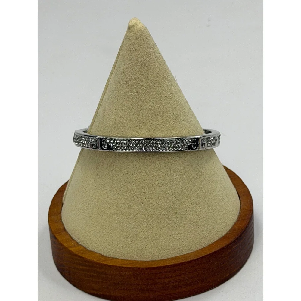 Women's Tory Burch Pave Crystal Silver Tone Logo Bangle Bracelet Luxury Chic NWT